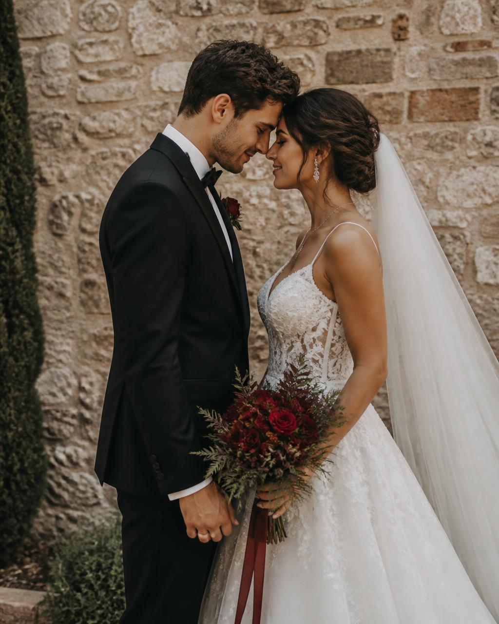 Los novios frente a frente sosteniendo un ramo de rosas rojas