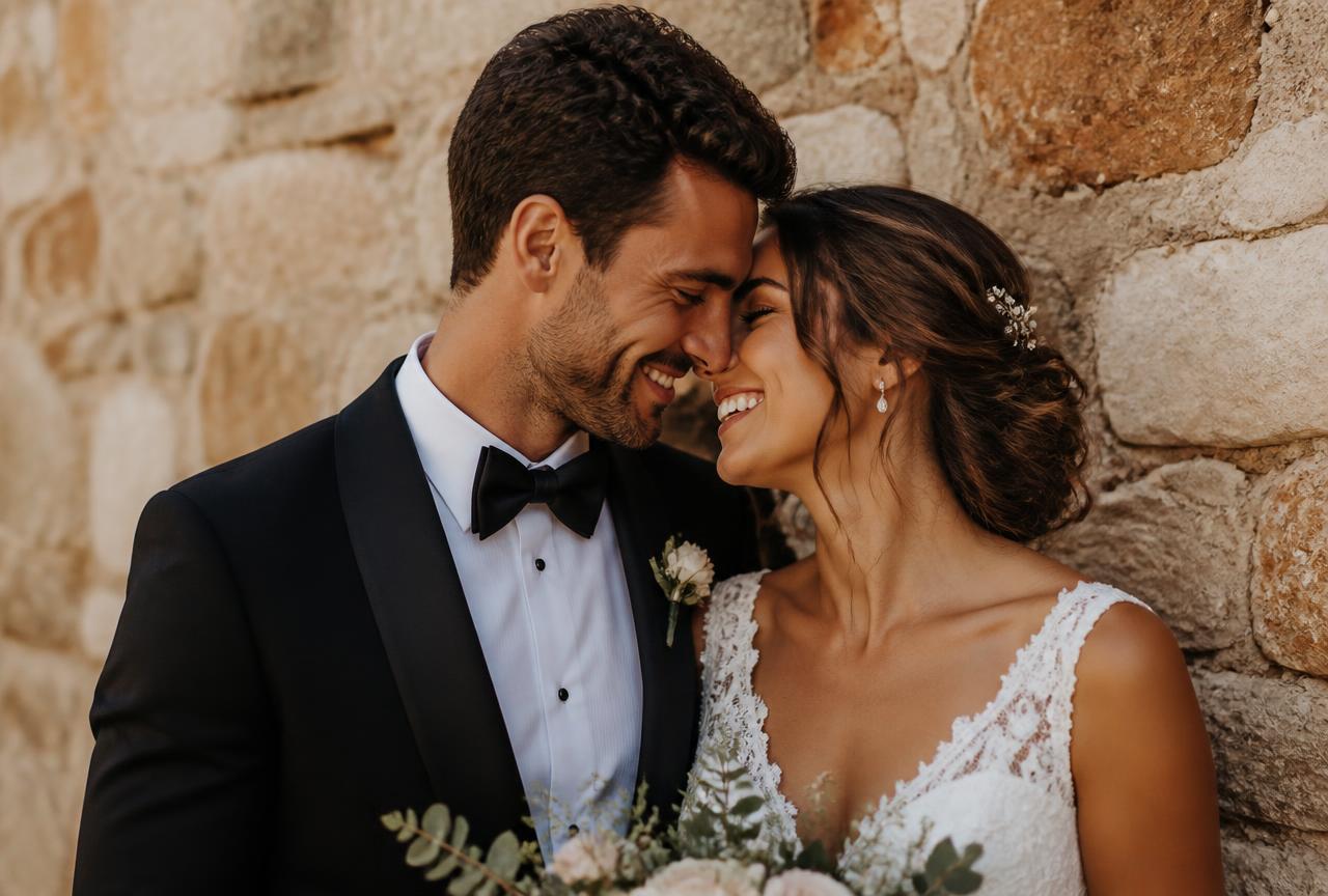 Los novios sonriendo muy juntos frente a un muro de piedra