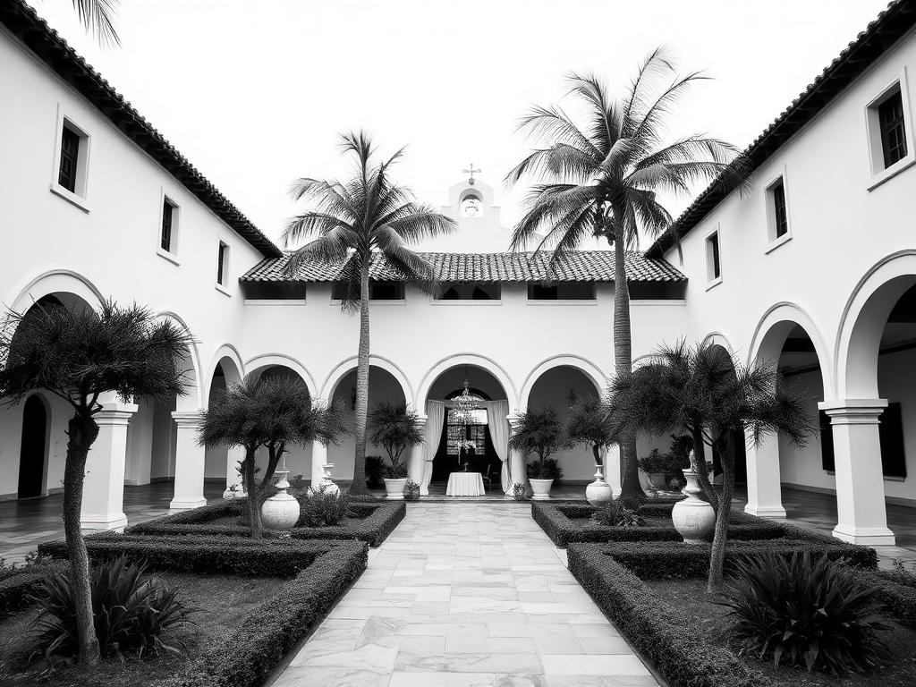 Patio de la Hacienda Los Almendros en blanco y negro